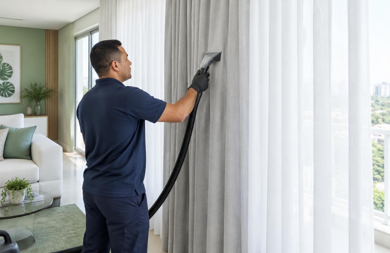 Limpeza de cortinas claras no próprio trilho